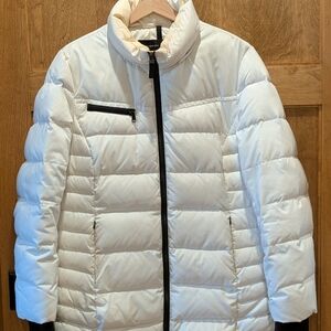 White Puffer Jacket with Black Accents, Size L, Slimming